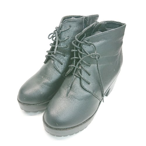 ■ LibertyDoll レースアップリボン ラウンドトゥ 太ヒール カジュアル ショート丈 ブーツ サイズLL ブラック レディース E 【中古】(4)