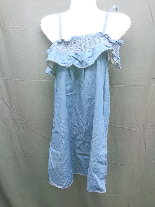 ◇ 美品 DAZZLIN デニムオフショルダー シャーリング ひざ丈 かわいい - ひざ丈 ワンピース サイズF ブルー レディース E 【中古】