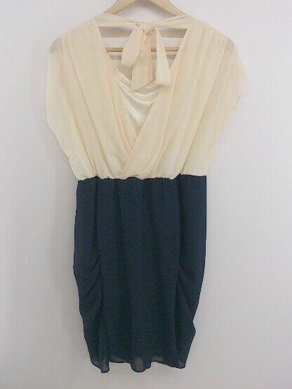 ◇ PREFERIR 装飾パール カシュクール フレンチスリーブ 膝丈 ドレス ワンピース サイズ M ベージュ ネイビー レディース E 【中古】