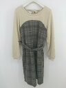◇ ◎ MAJESTIC LEGON ベルト付 チェック 切替 長袖 膝丈 ワンピース サイズM ベージュ グレー レディース P 【中古】