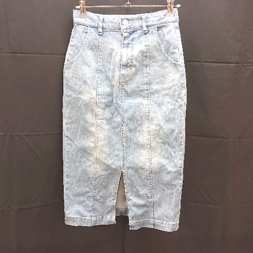 ◇ ROYAL PARTY スリット　ウォッシュ加工　ストレッチ　シンプル ひざ丈 タイト スカート サイズM ブルー系 レディース E 【中古】(4)