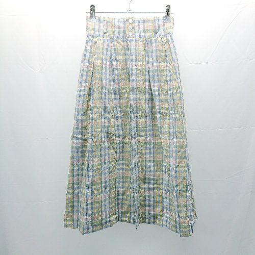 ◇ J.PRESS タック スリット チェック ロング丈 フレア スカート サイズ表記なし 推定S相当 イエロー ブルー レディース E 【中古】