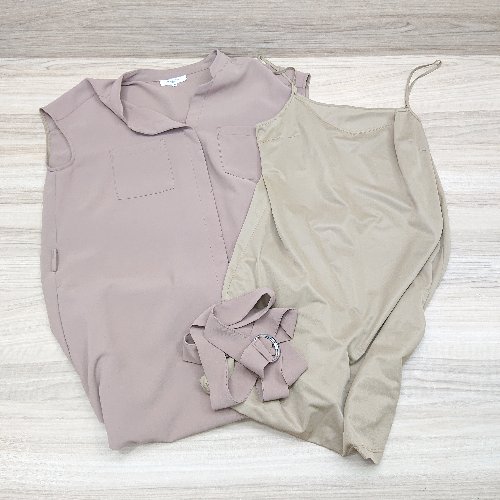 ◇ NATURAL BEAUTY BASIC バンドカラー シフォン ノースリーブ ミドル シャツ ワンピース Mサイズ ブラウン レディース E 【中古】