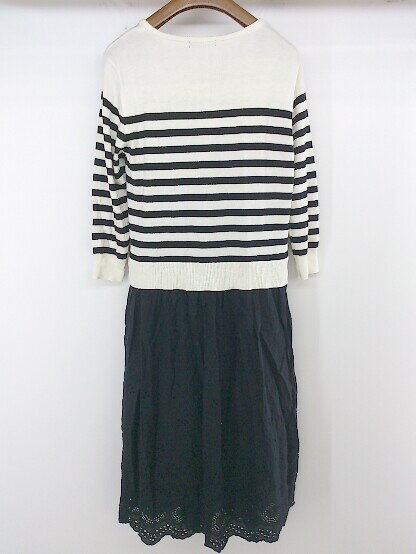 ◇ Ranan ラナン ドッキング ボーダー 刺繍 長袖 膝下丈 ワンピース サイズF オフホワイト ブラック レディース P 【中古】