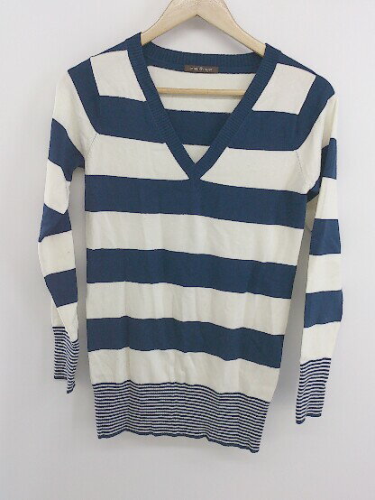 ◇ mimi&roger ボーダー Vネック 長袖 ニット プルオーバー サイズO ネイビー アイボリー系 レディース ..