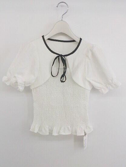 ◇ ◎ ●未使用● GRL タグ付き シャーリング 半袖 ブラウス カットソー サイズM ホワイト系 ブラック レディース P 【中古】