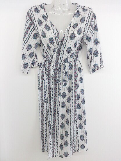 ◇ ◎ FUN 総柄 五分袖 ガウン コート サイズF ホワイト系 ブルー マルチ レディース P 【中古】