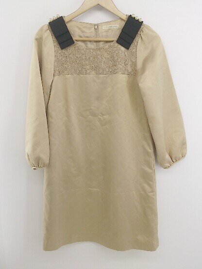 ◇ ◎ BEAMS LIGHTS ビームス ライツ ベルト付 レース リボン 長袖 膝丈 ワンピース サイズ36 ベージュ レディース P 【中古】
