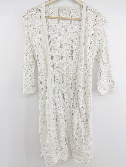 ◇ B:MING by BEAMS 透かし編み ウエストリボン 七分袖 ニット カーディガン オフホワイト レディース P 【中古】