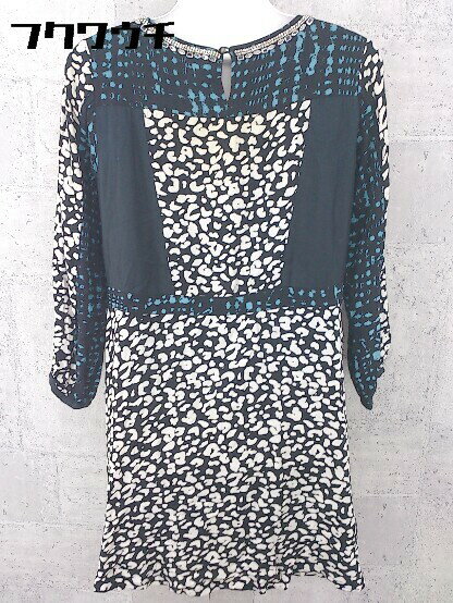 ◇ navasana ナバアサナ ビジュー 総柄 七分袖 ミニ ワンピース サイズF ブラック ホワイト ブルー レディース 【中古】