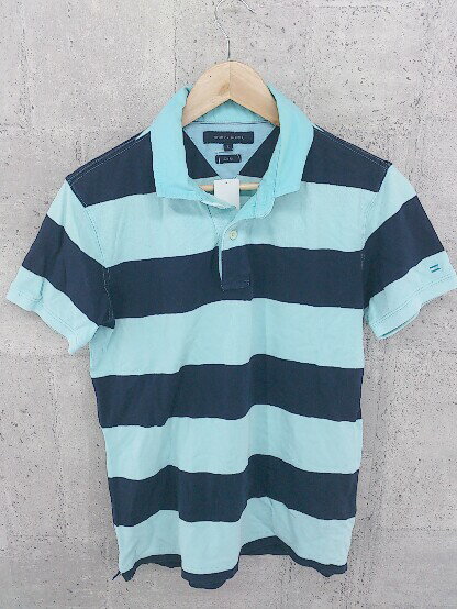 ◇ ◎ TOMMY HILFIGER トミーヒルフィガー ボーダー 半袖 ポロシャツ サイズL ミントグリーン系 ネイビー..