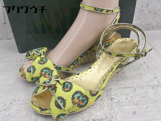 ◇ ANNA SUI アナスイ アンクルストラップ リボン ヒール サンダル サイズ2 1/2 イエロー ベージュ マルチ レディース 【中古】