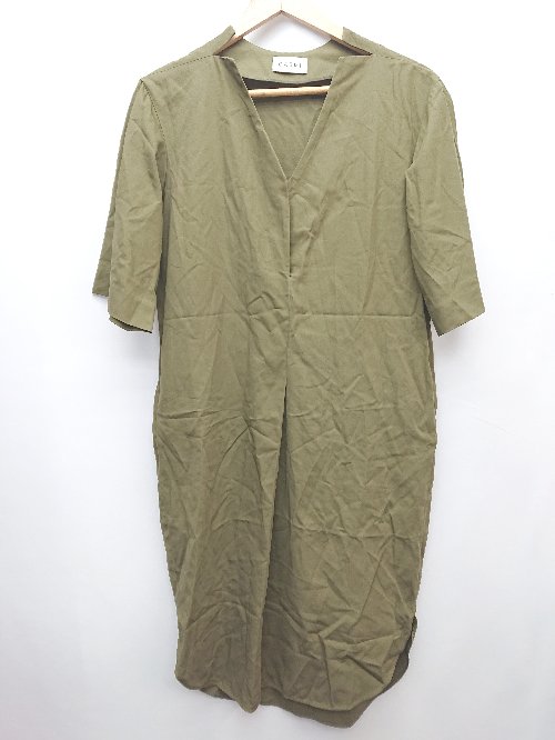 ◇ casmi カスミ シンプル Vネック ハーフボタン 五分袖 膝下丈 ワンピース サイズ0 カーキ レディース ..