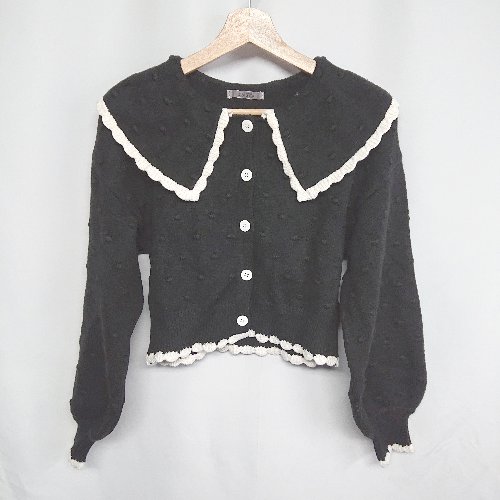 ◇ ⊇ one after another NICE CLAUP コットン系　首周りフリル 長袖 セーター サイズM ブラック レディ..