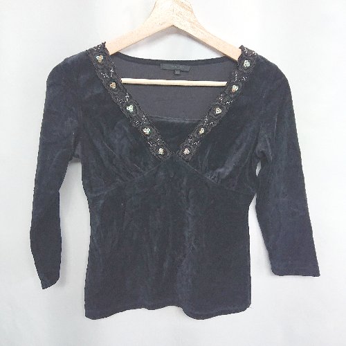 ◇ ANAYI スパンコール ビーズ装飾 Vネック 長袖 ベロアトップス サイズ38 ネイビー レディース E 【中古】