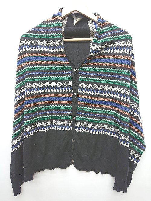 ◇ ⊇ bulle de savon 総柄 長袖 コットン ニット ポンチョ サイズF ブラック ブルー グリーン マルチ レディース メンズ P 【中古】