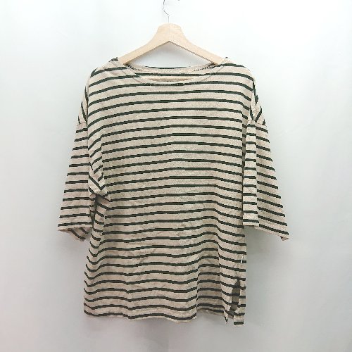 ◇ WHIMSIC ウィムジック Uネック 薄手 ストレッチ ボーダー柄 カジュアル 半袖 カットソー サイズF ブラウン レディース E 【中古】(4)