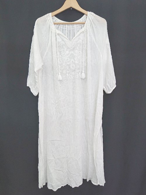◇ green label relaxing グリーンレーベル UNITED ARROWS 刺? 七分袖 膝下丈 ワンピース ホワイト レディース P 【中古】