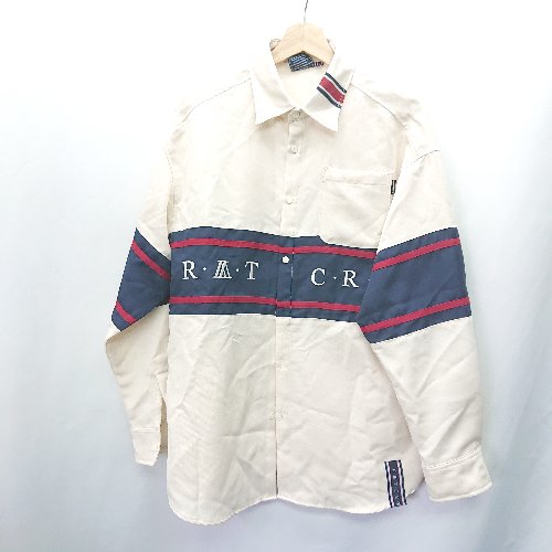 ◇ ROMANTIC CROWN ロゴ刺? ライン入り 長袖 シャツ サイズS ベージュ レッド ブルー メンズ E 【中古】