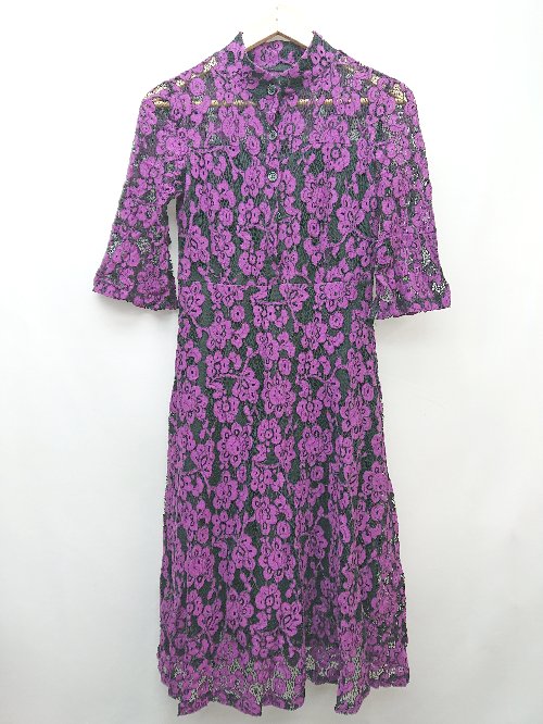 ◇ Libby&Rose 大人女子 総レース 八分袖 膝丈 ワンピース パープル ブラック系 レディース P 【中古】