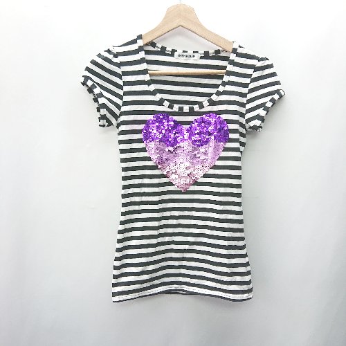 ◇ ⊂ ETHIQUE ボーダー スパンコール ハート 半袖 タイトベアトップTシャツ サイズM ブラック ホワイト レディース E 【中古】