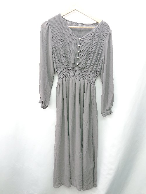 ◇ ⊇ natural couture パールボタン ギャザー加工 長袖 ロング丈 ワンピース サイズF チャコールグレー レディース E 【中古】