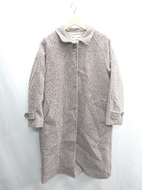 ■ ⊇ GLOBALWORK チェック柄 長袖 ステンカラーコート サイズF ブラウン レディース E 【中古】