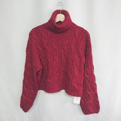 ◇ ◎●未使用● ⊇ emi＋ アラン編みクロップド ハイネック 長袖 ケーブルニット サイズF レッド レディース E 【中古】