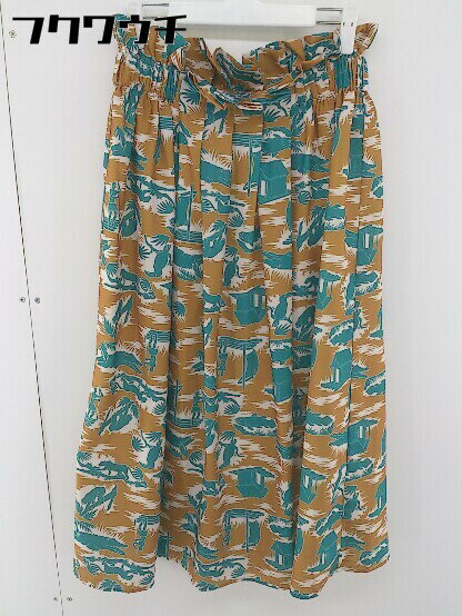 ◇ merlot メルロー 総柄 ウエストゴム ロング ギャザー スカート キャメル ブルー レディース 【中古】
