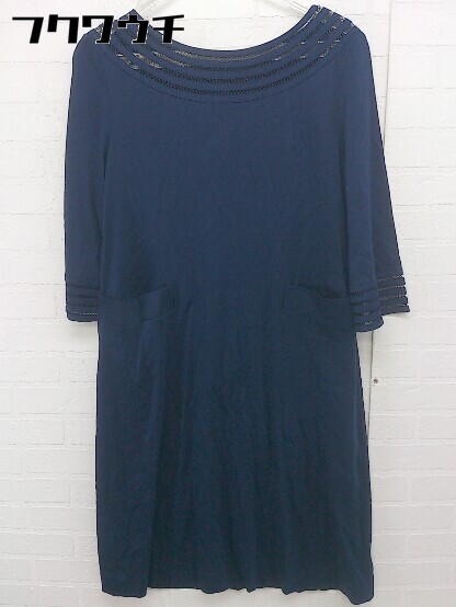 ◇ ◎ UNITED ARROWS ユナイテッドアローズ クルーネック 七分袖 膝丈 ワンピース サイズ38 ネイビー レディース 【中古】