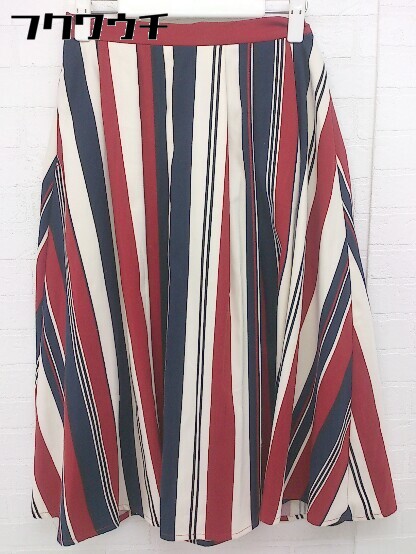 ◇ Marie Hill ウエストゴム　ストライプ 膝下丈 プリーツ スカート サイズM アイボリー　ネイビー　レッド レディース 