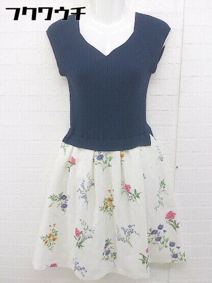 ◇ Rirandture 切替 ニット 花柄 フレンチスリーブ ミニ ワンピース サイズ 2 ネイビー オフホワイト マルチ レディース 【中古】