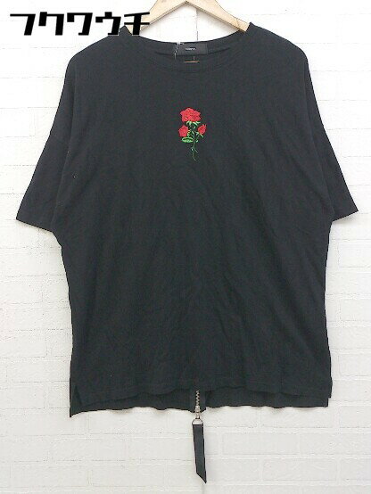 ◇ COOOPER クーパー 薔薇　刺繍　バックジップ 七分袖 Tシャツ カットソー サイズM ブラック　レッド メンズ 【中古】