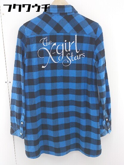 ◇ X-girl エックスガール チェック　ロゴ　刺繍 長袖 膝丈 ワンピース サイズ2 ブルー　ブラック レディース 【中古】