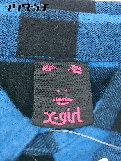 ◇ X-girl エックスガール チェック　ロゴ　刺繍 長袖 膝丈 ワンピース サイズ2 ブルー　ブラック レディース 【中古】
