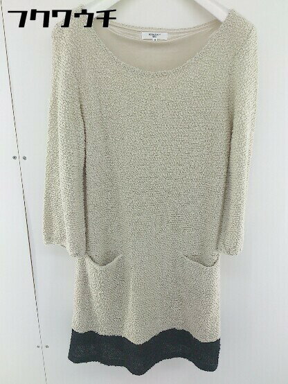 ◇ NATURAL BEAUTY BASIC 八分袖 ミニ ニットワンピース サイズM ベージュ ブラック レディース 【中古】