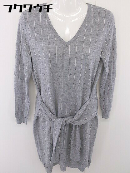 ◇ UNTITLED Vネック ストラップ ウエストリボン 長袖 膝丈 ニット ワンピース サイズ2 グリーン ホワイト レディース 【中古】