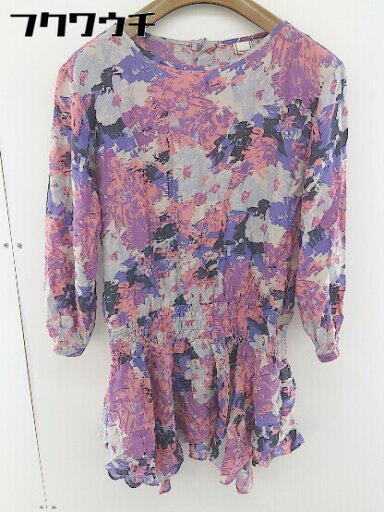 ◇ Rouge vif 総柄 シャーリング ギザギザ 長袖 ミニ チュニック ワンピース パープル ピンク マルチ レディース 【中古】 ◇ Rouge vif 総柄 シャーリング ギザギザ 長袖 ミニ チュニック ワンピース パープル ピンク マルチ レディース 【中古】