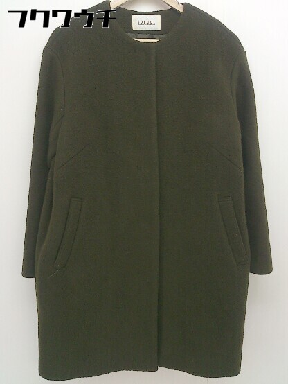 ■ SOFUOL ソフール 長袖 ノーカラー コート サイズ38 カーキ レディース 【中古】
