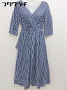 ◇ ◎ natural couture ベルト付 ストライプ 七分袖 ロング ワンピース サイズF ネイビー ホワイト レディース 【中古】