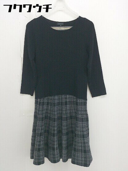 ◇ TALBOTS タルボット チェック 切替 ニット 七分袖 膝下丈 ワンピース サイズS ブラック レディース 【中古】