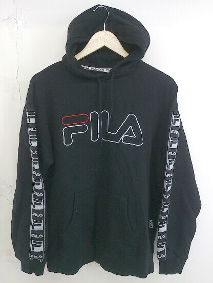 ◇ FILA フィラ ロゴテープ 長袖 プルオーバー パーカー サイズ M ブラック ホワイト メンズ 【中古】