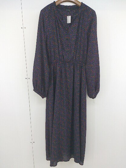 ◇ w closet ダブルクローゼット 花柄 ウエストゴム 長袖 膝下丈 ワンピース サイズF ブラック パープル マルチ レディース 【中古】