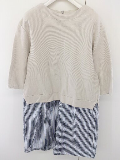 ◇ chambre de charme ストライプ 切替 七分袖 膝丈 ワンピース サイズF グレージュ ホワイト ネイビー レディース 【中古】 ◇ chambre de charme ストライプ 切替 七分袖 膝丈 ワンピース サイズF グレージュ ホワイト ネイビー レディース 【中古】