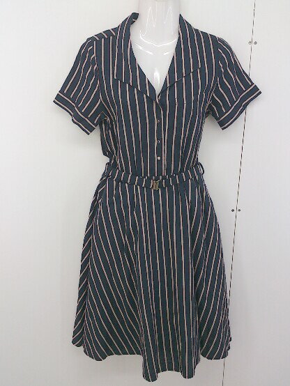 ◇ ◎ REDYAZEL レディアゼル ストラップ 半袖 膝下丈 ワンピース サイズF ネイビー ベージュ レッド レディース 【中古】