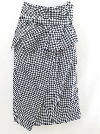 ◇ ◎ mysty woman ギンガムチェック ペプラム 膝下丈 タイト スカート サイズ F ブラック ホワイト レディース 【中古】