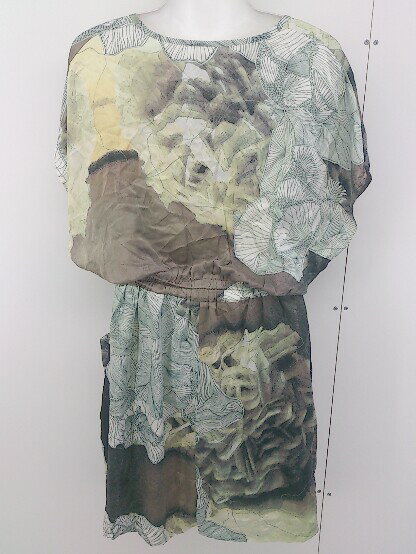 ◇ A PUPIL ア ピューピル シルク100% 総柄 フレンチスリーブ 膝下丈 ワンピース サイズXS グリーン レディース 【中古】