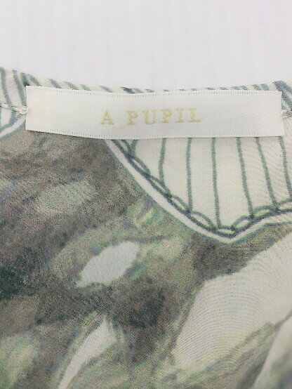 ◇ A PUPIL ア ピューピル シルク100% 総柄 フレンチスリーブ 膝下丈 ワンピース サイズXS グリーン レディース 【中古】