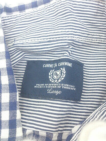 ◇ ◎ COMME CA COMMUNE COMME CA DU MODE チェック リネン混 ボタンダウン BD 五分袖 シャツ サイズL ブルー系 メンズ 【中古】