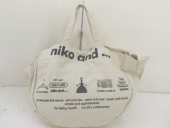 ◇ niko and … ニコアンド ロゴ キャンバス ハンド ショルダーバッグ アイボリー ブラック レディース 【中古】